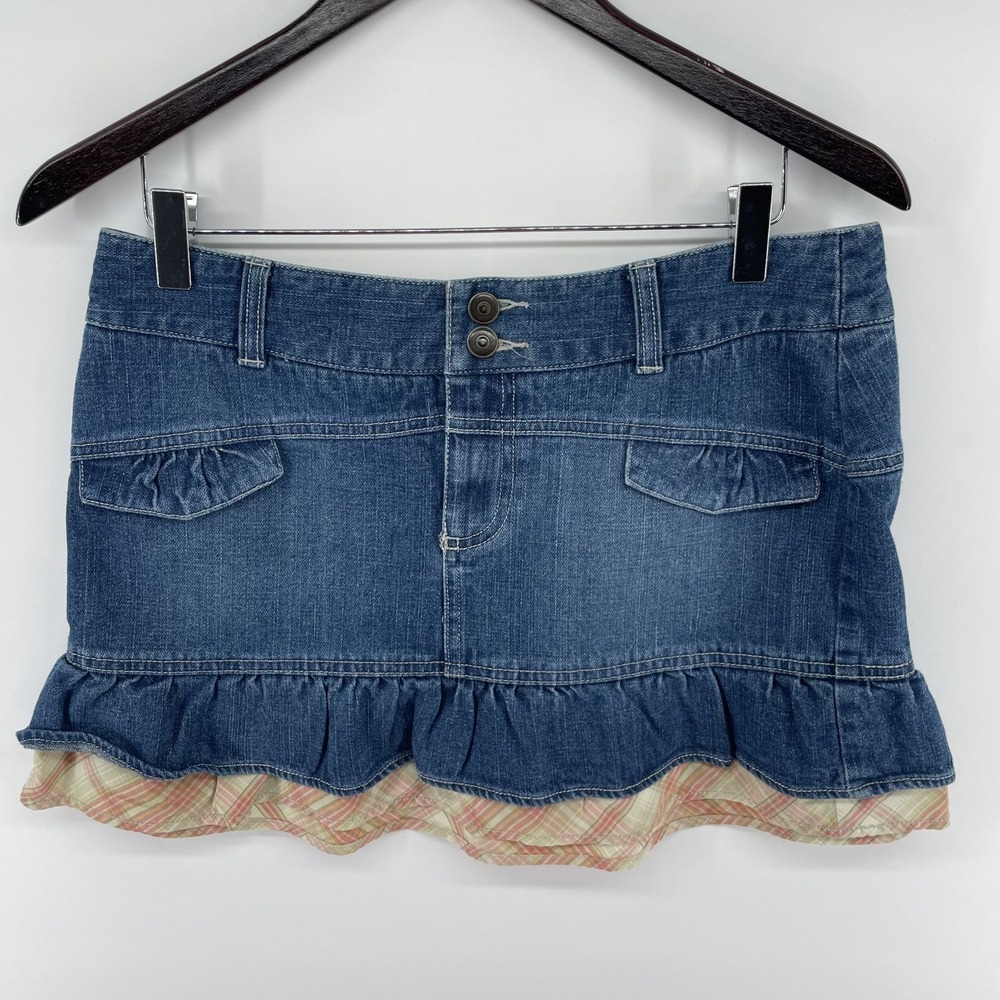 Y2K Denim Micro Mini Skirt Ruffle Plaid Low Rise 31.5" Waist Grunge Streetwear